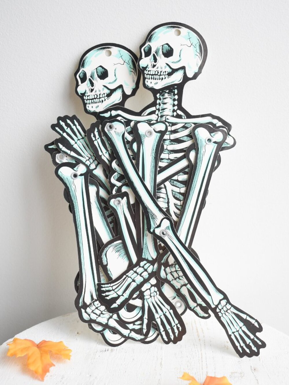 Two Vintage 70s Beistle Co Halloween 22" Jointed Die Cut Paper Skeleton Decor